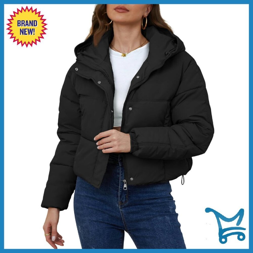 Cropped Puffer Jacket Hooded Zip Up Winter Coat Warm Quilted Outerwear
